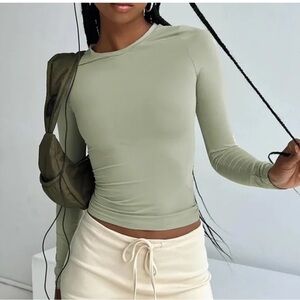 Princess Polly Arnim Long Sleeve Crewneck Satin-Feel Top in Sage Green
